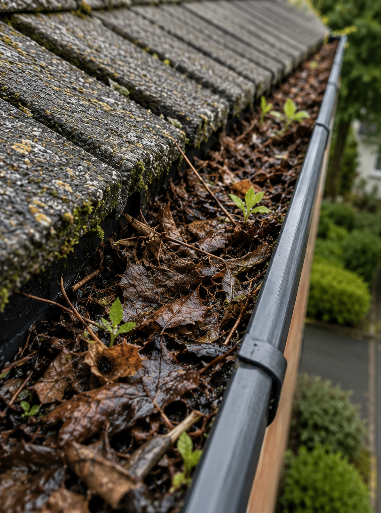 Gutter blocked with leaves and moss before cleaning